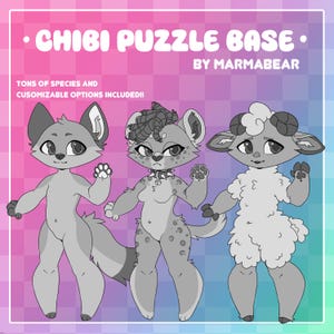 May include: A digital art image featuring three chibi-style animal characters: a fox, a hyena, and a sheep. The image includes text that reads "Chibi Puzzle Base" and "By Marmabear". The background is a gradient of pink and purple.