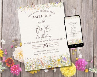 Wild One First Birthday Invitation | Wildflower One Birthday Invite | Boho Floral 1st Birthday | Printable Girl Birthday Invite | Editable