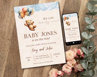 Bearly Wait Baby Shower Invitation | Boho Printable Gender Neutral Invite | Watercolor Teddy Bear Theme | Editable in Canva