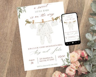 A Sweet Little Baby is on the Way Baby Shower Invitation | Boho Printable Gender Neutral Invite | Earthy Watercolor Greenery Theme