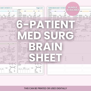 Könnte beinhalten: Eine zweiseitige Vorlage für ein Pflege-Brain-Sheet zur Erfassung von Patientendaten, einschließlich Abschnitten für Krankengeschichte, Vitalwerte und tägliche Aufgaben. Das Dokument hat ein hellviolettes Farbschema mit weißen Textüberlagerungen 6-PATIENT MED SURG BRAIN SHEET und BUNDLE AVAILABLE.