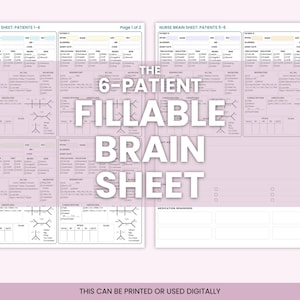 Puede incluir: Documento de dos páginas titulado "NURSE BRAIN SHEET" con campos rellenables para información del paciente. El texto "THE 6-PATIENT FILLABLE BRAIN SHEET" está superpuesto sobre un fondo morado claro. El documento está diseñado para ser impreso o usado digitalmente.