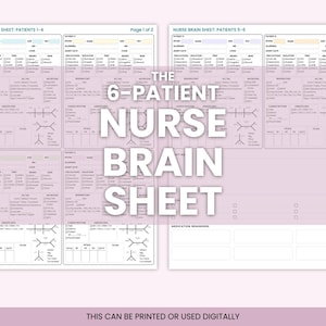 以下が含まれることがあります： 「NURSE BRAIN SHEET」というタイトルの2ページのドキュメントで、「THE 6-PATIENT NURSE BRAIN SHEET」というテキストが含まれています。このドキュメントは医療専門家向けに設計されており、患者情報と投薬リマインダーのセクションが含まれています。「THIS CAN BE PRINTED OR USED DIGITALLY」というテキストが下にあります。