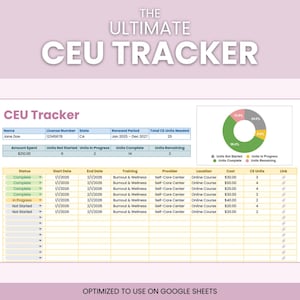 May include: A digital CEU tracker spreadsheet with the title "The Ultimate CEU Tracker". The spreadsheet includes sections for license information, renewal period, and a progress chart. A pie chart visualizes CEU completion.