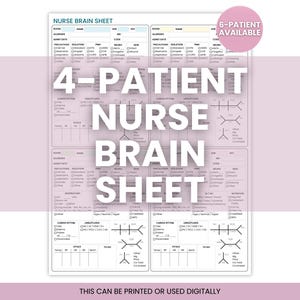 Op de afbeelding: Een wit verpleegkundig overzichtsblad met secties voor patiëntinformatie, medische geschiedenis, voorzorgsmaatregelen, isolatie, neuro, huid, ademhaling, voeding, hartritme, lijnen, vloeistoffen, vitale functies en takenlijsten voor vier patiënten.