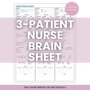 Puede incluir: Una hoja de control de enfermería blanca con tres columnas para datos de pacientes, incluyendo campos para nombre, edad, habitación, alergias, código y signos vitales. El documento presenta casillas de verificación y el texto NURSE BRAIN SHEET.