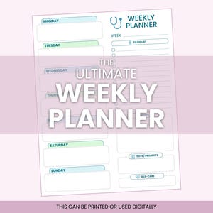 Puede incluir: Un planificador semanal blanco con un diseño turquesa y verde. El planificador incluye secciones para cada día, una lista de tareas y espacio para pruebas/proyectos y autocuidado. El texto dice "The Ultimate Weekly Planner".