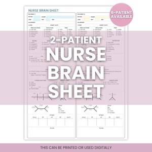 May include: A white nurse brain sheet with sections for two patients, featuring checkboxes for medical assessments and vital signs. The text "NURSE BRAIN SHEET" is prominently displayed, with a pink circle indicating "6-PATIENT AVAILABLE". The sheet is designed to be printed or used digitally.