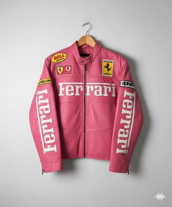 Handmade Ferrari Pink Leather Racing Jacket | Handcrafted F1 Biker Moto Leather Jacket | Premium Pink Rider Gear Ferrari Jacket