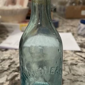 May include: A vintage, light blue glass bottle with a rounded body and a flared top. The bottle has embossed text that reads "W. GROVE & CO. ST. LOUIS". The bottle is likely an antique collectible.