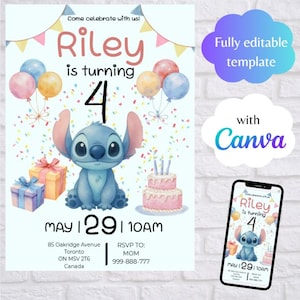 May include: A birthday invitation template featuring a blue alien character, colorful balloons, gift boxes, and a cake. The text reads: Come celebrate with us! Riley is turning 4, May 29, 10AM, 85 Oakridge Avenue, Toronto, ON M5V 2T6, Canada, RSVP TO: MOM 999-888-777.