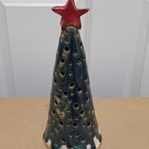 Studio Pottery Christmas Tree Luminary Pierced Ceramic Red Star 11 Inch