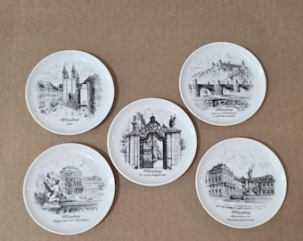 Kaiser W. Germany Wurzburg Porcelain Coaster Set – 5pc Black & White – 4” Vintage