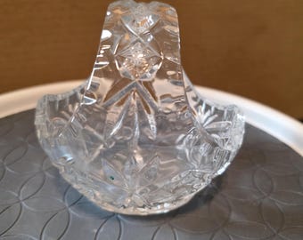 Vintage Cut Lead Crystal Basket 4.5 Inch Pinwheel Design Faceted Handle Ornate