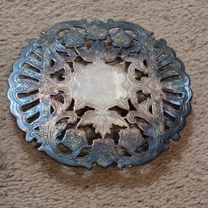 Puede incluir: Salvamanteles de metal plateado ornamentado con un diseño floral y de volutas. El salvamanteles tiene forma circular con un área central en blanco y recortes decorativos. El diseño incluye flores, hojas y patrones intrincados.
