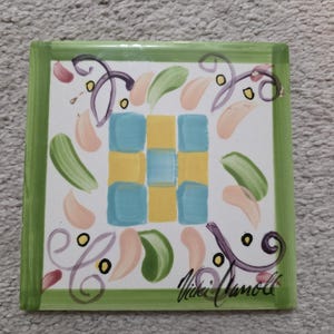 Vicki Carroll Signed Studio Art Pottery 4" Trivet | Whimsical Coaster Tile