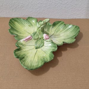 San Marco Italy Leaf Relish Tray Divided 3 Section Green Pink Floral 11" Vintage