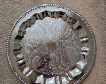 Bandeja de servir cromada vintage Irwinware de 15" / Plato redondo grabado para bar
