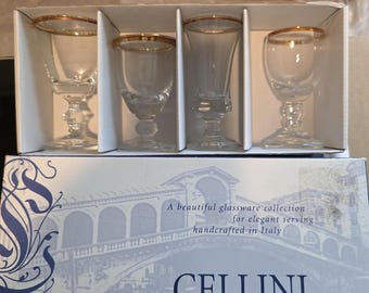 Vintage Cellini Italy Gold Rimmed Crystal Cordial Glasses Set of 4 Shot Glasses