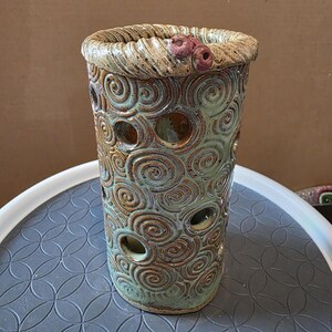 LACOST Studio 7" Handmade Art Pottery Vase Green Crackle Glaze Pierced Luminary