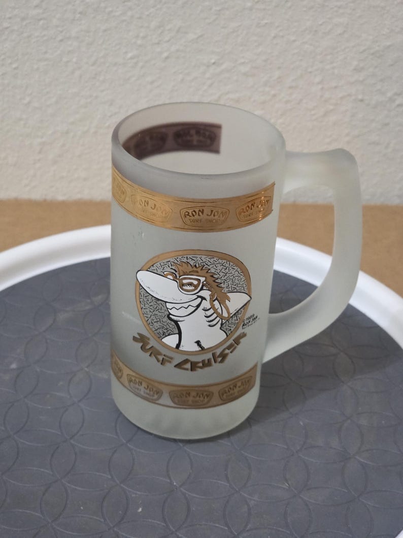 1989 Ron Jon Surf Shop Frosted Glass Stein – Surf Cruiser Mug – Cocoa Beach Vintage image 6
