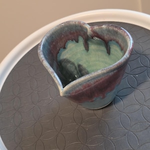 Artisan Heart Shaped Bud Vase, Drip Glaze Studio Pottery Signed LISA