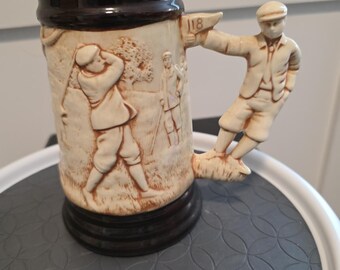 Vintage Ceramic Golfer Beer Stein 7" Figural 18th Hole Handle Relief Mug