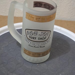 1989 Ron Jon Surf Shop Frosted Glass Stein – Surf Cruiser Mug – Cocoa Beach Vintage image 4