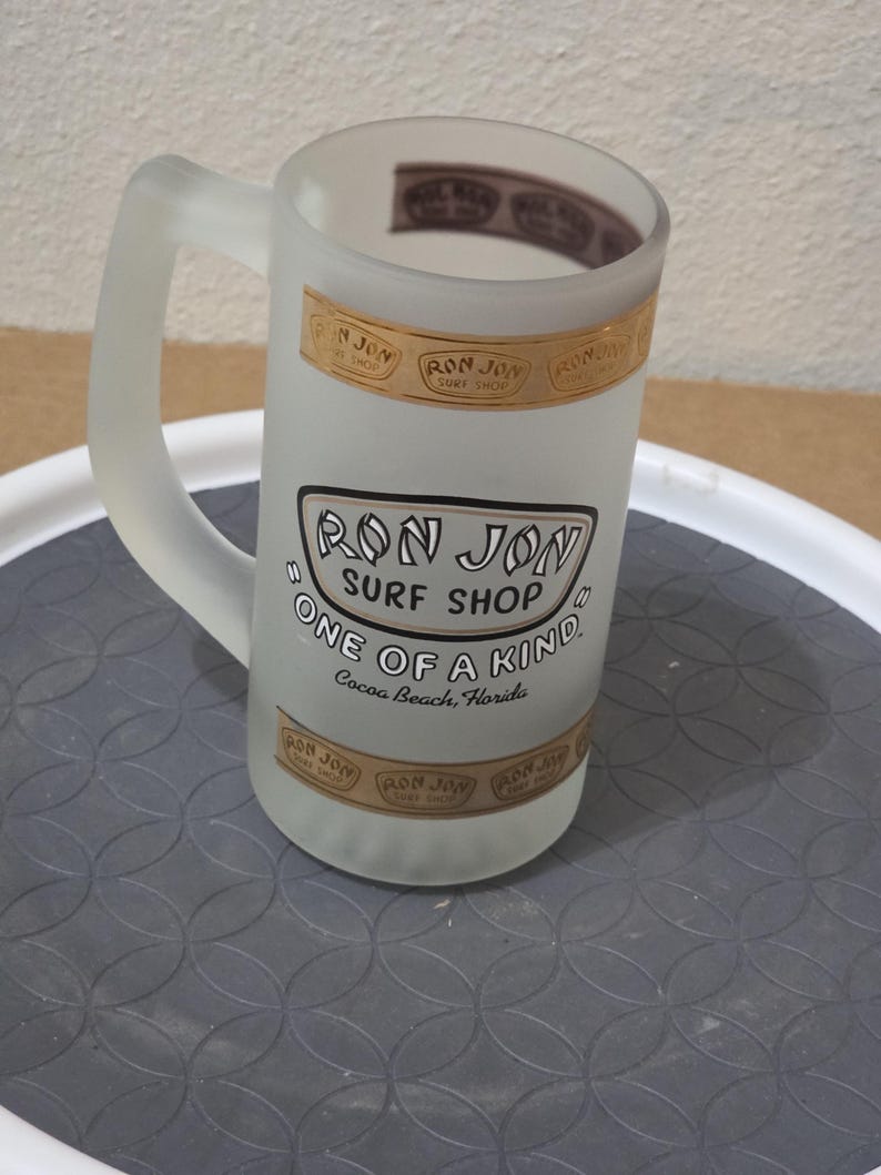 1989 Ron Jon Surf Shop Frosted Glass Stein – Surf Cruiser Mug – Cocoa Beach Vintage image 4