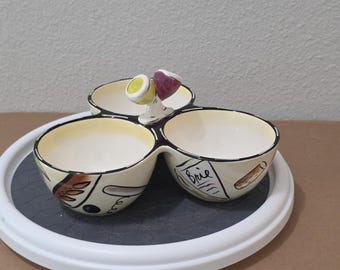 Vintage lerkonst keramik 3 sektioner relish skål vin ost brie kryddskål