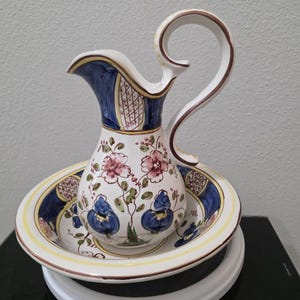 Vintage Hand Painted Ceramic Pitcher and Basin Set Floral Iris Rose 12" Large