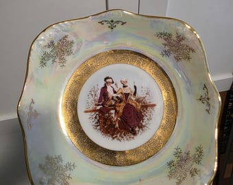Fine Porcelain Decorative Plate – 7” Gold Trim Iridescent Luster – Romantic Couple Scene – Vintage Wall Decor