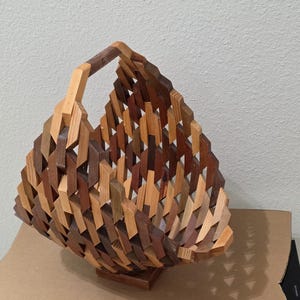 Vaughn Shepherd Signed Mixed Wood Basket 14" Geometric Lattice Sylva NC 2014