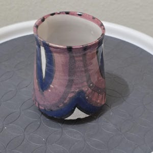 Hand Painted Studio Pottery Cup 4" Vase Pink Cobalt Blue Geometric Abstract