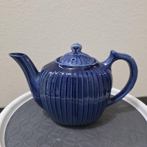 Vintage Cobalt Blue Ribbed Teapot - Rain-Cee China Melon Style Pot - 9" Wide