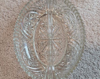 Vintage Geteiltes Crystal Relish Dish Starburst Muster 10 "Abgesetztes Tablett