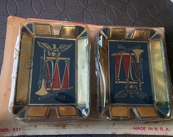 Vintage Patriotic Ashtrays – Drum, Eagle, Bugle Design, Foil Cardboard (NOS)