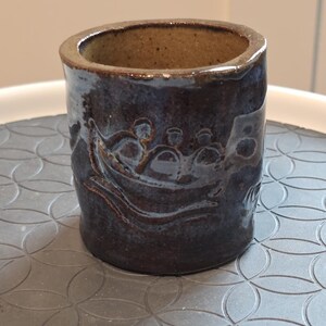Artisan Studio Pottery Mug Hand Signed Figural Relief Boat Scene - Deep Blue Drip Glaze
