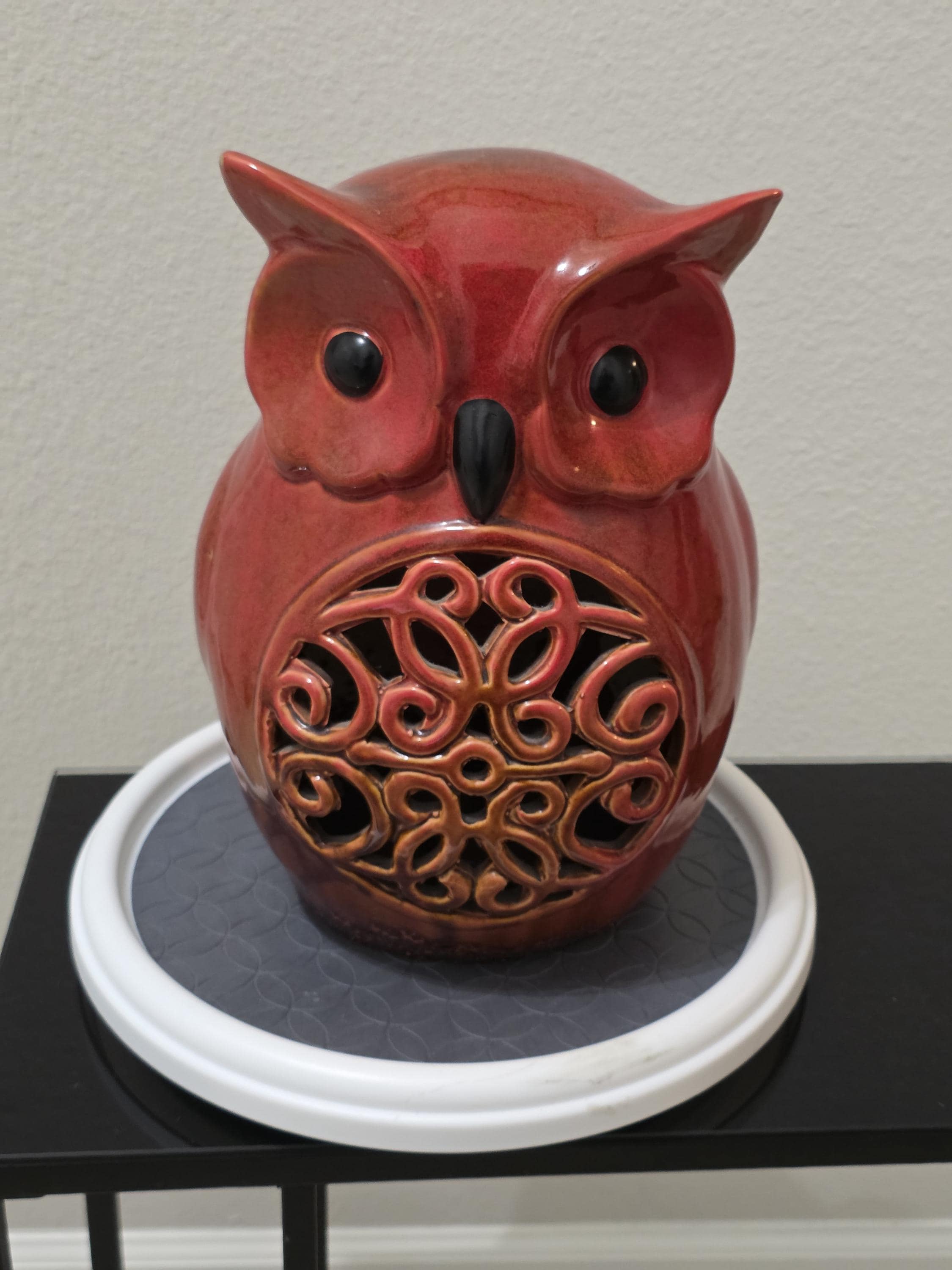 Large Ceramic Vintage Owl Figurine Red Glaze Flambé Candelabra Lantern 12"