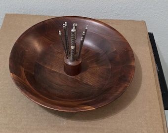 Mid‑Century Modern Wooden Nut Bowl Set – 12” with Picks & Nutcracker – Vintage