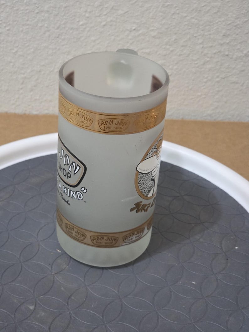 1989 Ron Jon Surf Shop Frosted Glass Stein – Surf Cruiser Mug – Cocoa Beach Vintage image 5