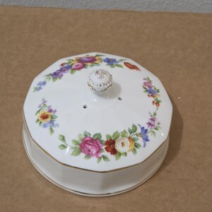 Porcelain Vented Replacement Lid Octagonal Floral Gold Trim Cover 5.5" Vintage