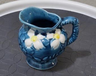 Jarra de cerámica para crema con diseño floral y esmalte azul, textura de 7,6 cm (3 pulgadas)