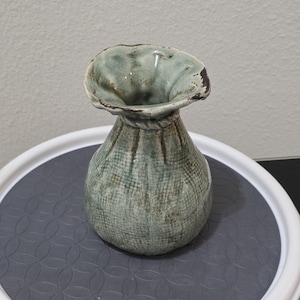 Groen Celadon Crackle Glaze Jutezak Portemonnee Vaas Vintage Keramisch Aardewerk 6"