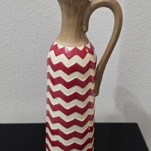 Large Ceramic Chevron Pitcher Jug Red White Decorative Floor Vase 17.5"