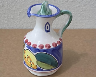 Aceitera/vinagrera de cerámica con tapa, pintada a mano, estilo italiano, mini jarra de 5 pulgadas.