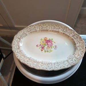 Vintage Canonsburg Pottery Lajean 12" Oval Serving Platter – Cream Floral Dinnerware
