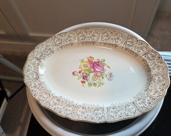 Vintage Canonsburg Pottery Lajean 12" Oval Serving Platter – Cream Floral Dinnerware