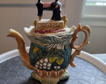 Vintage Novelty Sewing Machine Miniature Teapot Ornate Relief Ceramic 6"