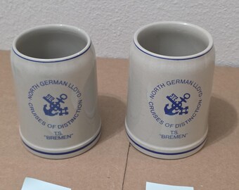 Vintage North German Lloyd TS Bremen Beer Stein Pair Marzi Remy Germany Mug 2pc